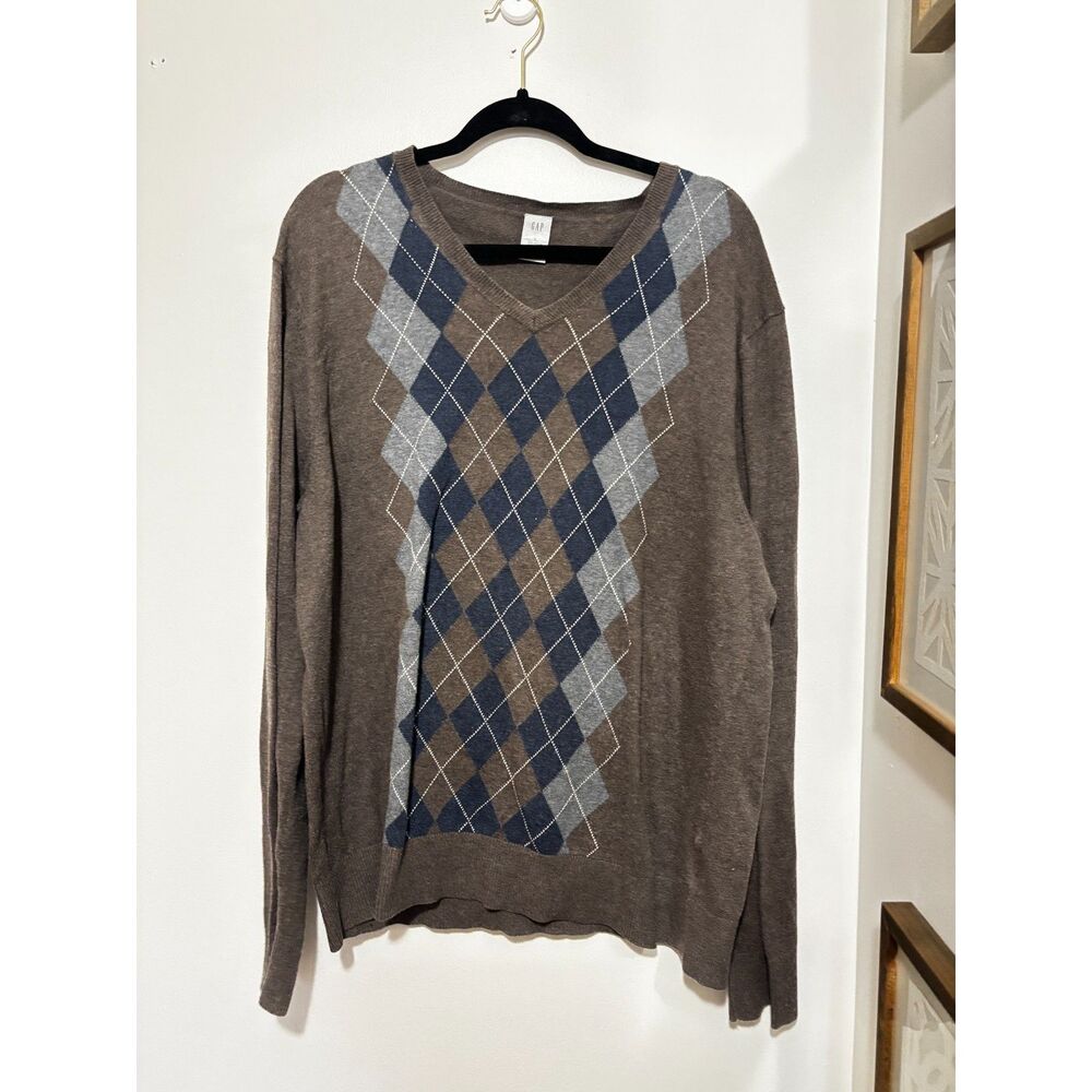GAP Brown Argyle V-Neck Sweater Womens Large Preppy Academia Knit